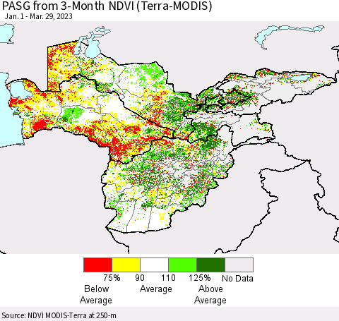 Central Asia PASG from 3-Month NDVI (Terra-MODIS) Thematic Map For 3/22/2023 - 3/29/2023