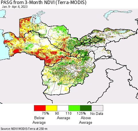 Central Asia PASG from 3-Month NDVI (Terra-MODIS) Thematic Map For 3/30/2023 - 4/6/2023