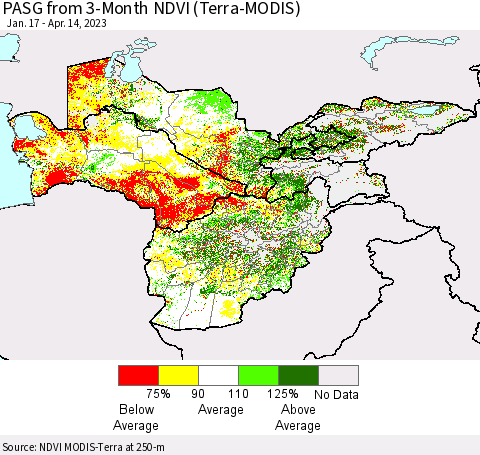 Central Asia PASG from 3-Month NDVI (Terra-MODIS) Thematic Map For 4/7/2023 - 4/14/2023