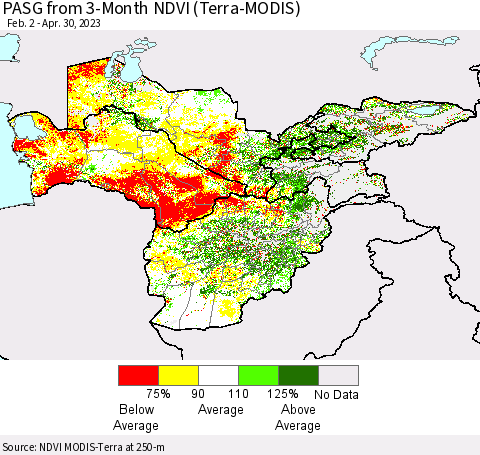 Central Asia PASG from 3-Month NDVI (Terra-MODIS) Thematic Map For 4/23/2023 - 4/30/2023