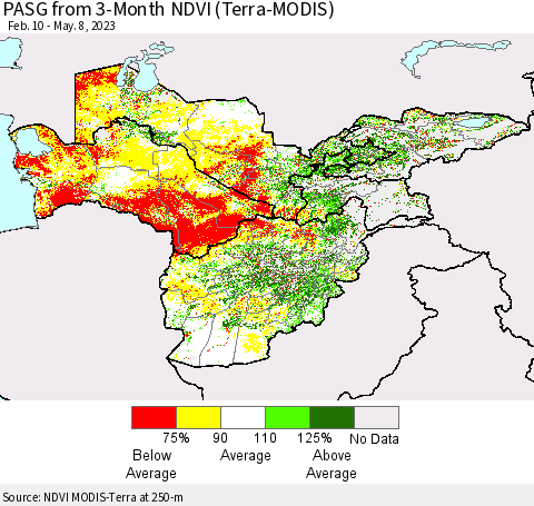 Central Asia PASG from 3-Month NDVI (Terra-MODIS) Thematic Map For 5/1/2023 - 5/8/2023