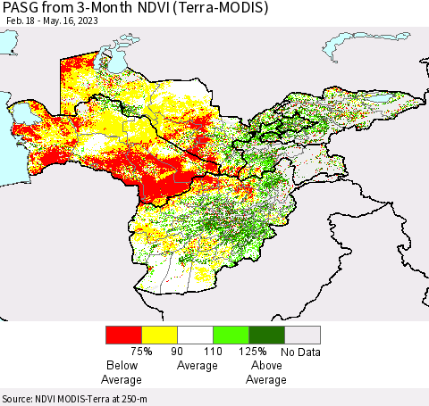 Central Asia PASG from 3-Month NDVI (Terra-MODIS) Thematic Map For 5/9/2023 - 5/16/2023