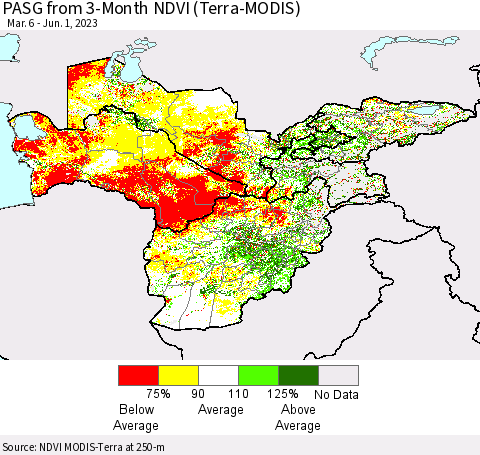 Central Asia PASG from 3-Month NDVI (Terra-MODIS) Thematic Map For 5/25/2023 - 6/1/2023