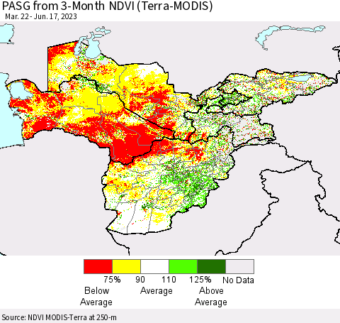Central Asia PASG from 3-Month NDVI (Terra-MODIS) Thematic Map For 6/10/2023 - 6/17/2023
