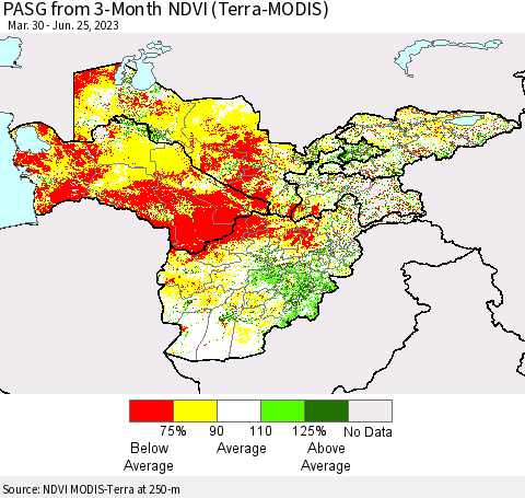 Central Asia PASG from 3-Month NDVI (Terra-MODIS) Thematic Map For 6/18/2023 - 6/25/2023