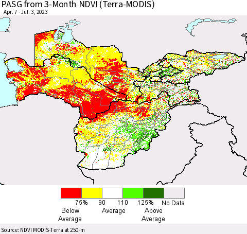 Central Asia PASG from 3-Month NDVI (Terra-MODIS) Thematic Map For 6/26/2023 - 7/3/2023