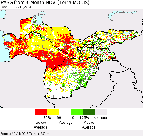 Central Asia PASG from 3-Month NDVI (Terra-MODIS) Thematic Map For 7/4/2023 - 7/11/2023