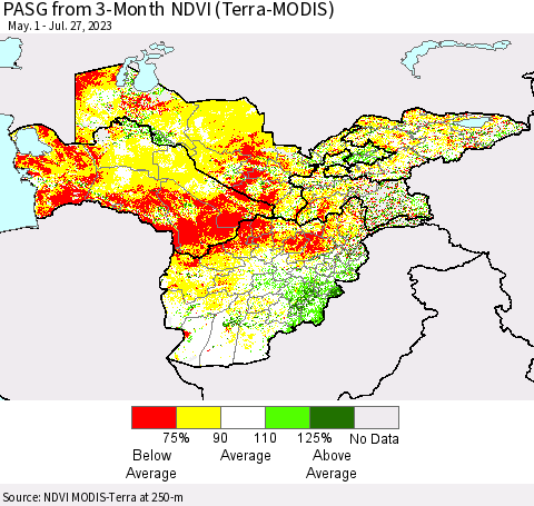 Central Asia PASG from 3-Month NDVI (Terra-MODIS) Thematic Map For 7/20/2023 - 7/27/2023