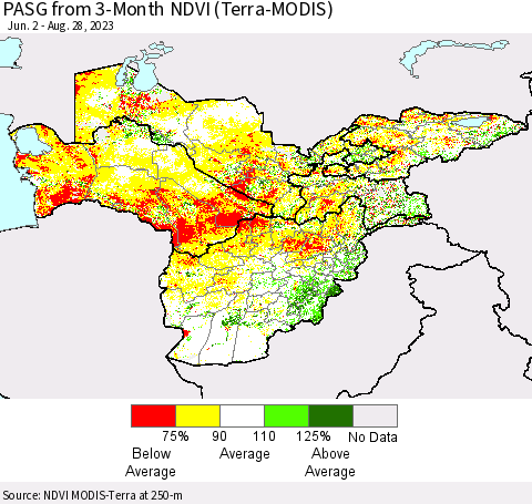 Central Asia PASG from 3-Month NDVI (Terra-MODIS) Thematic Map For 8/21/2023 - 8/28/2023