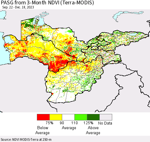 Central Asia PASG from 3-Month NDVI (Terra-MODIS) Thematic Map For 12/11/2023 - 12/18/2023