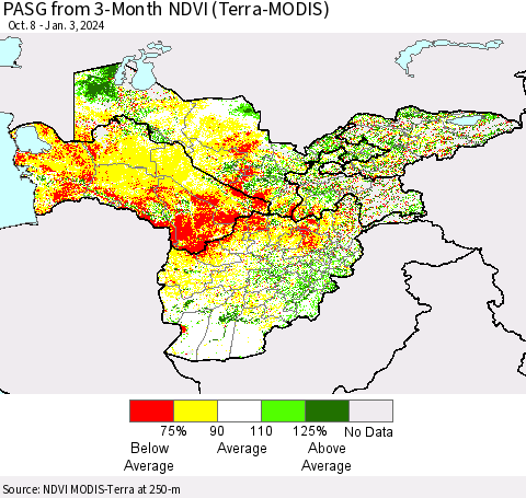 Central Asia PASG from 3-Month NDVI (Terra-MODIS) Thematic Map For 12/27/2023 - 1/3/2024