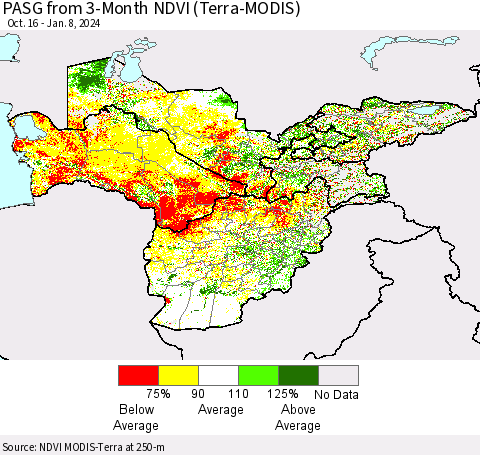 Central Asia PASG from 3-Month NDVI (Terra-MODIS) Thematic Map For 1/1/2024 - 1/8/2024