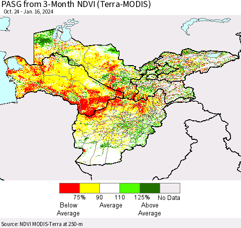 Central Asia PASG from 3-Month NDVI (Terra-MODIS) Thematic Map For 1/9/2024 - 1/16/2024