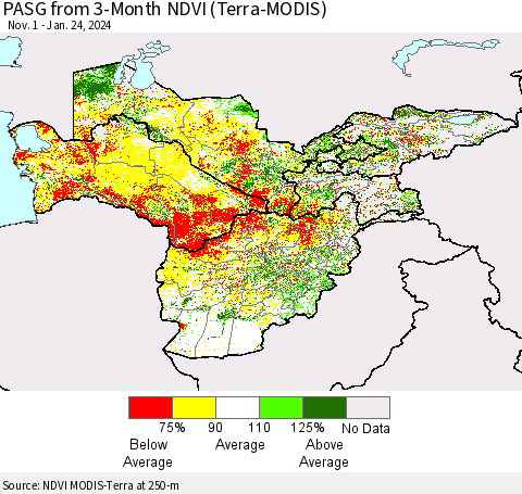 Central Asia PASG from 3-Month NDVI (Terra-MODIS) Thematic Map For 1/17/2024 - 1/24/2024