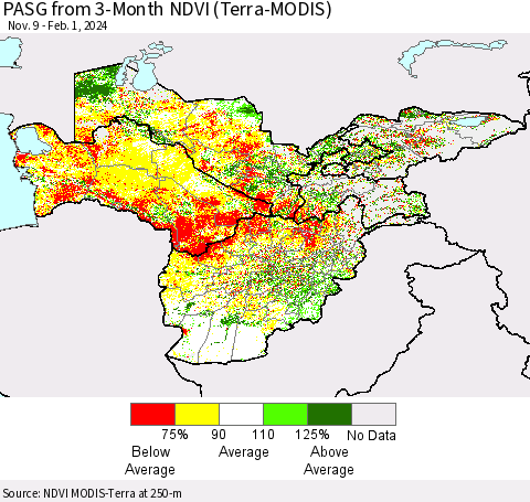 Central Asia PASG from 3-Month NDVI (Terra-MODIS) Thematic Map For 1/25/2024 - 2/1/2024