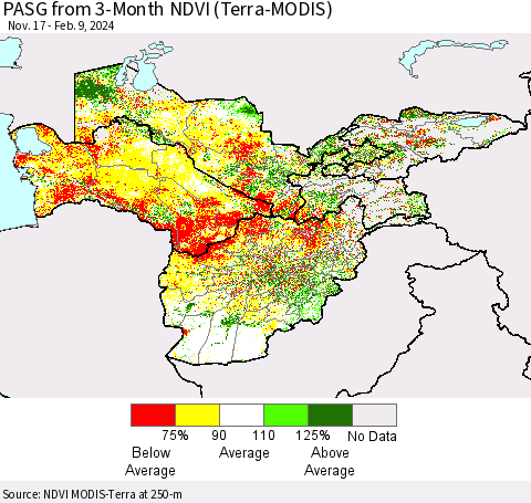 Central Asia PASG from 3-Month NDVI (Terra-MODIS) Thematic Map For 2/2/2024 - 2/9/2024