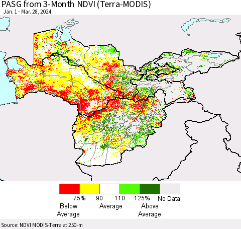 Central Asia PASG from 3-Month NDVI (Terra-MODIS) Thematic Map For 3/21/2024 - 3/28/2024