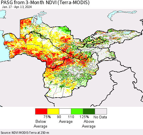 Central Asia PASG from 3-Month NDVI (Terra-MODIS) Thematic Map For 4/6/2024 - 4/13/2024