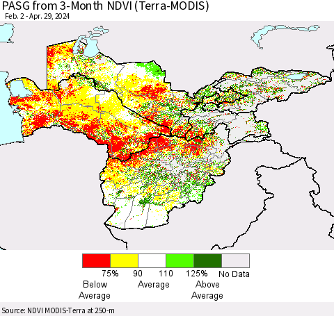 Central Asia PASG from 3-Month NDVI (Terra-MODIS) Thematic Map For 4/22/2024 - 4/29/2024