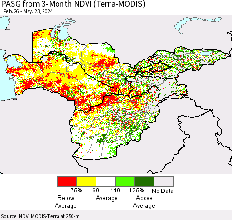 Central Asia PASG from 3-Month NDVI (Terra-MODIS) Thematic Map For 5/16/2024 - 5/23/2024