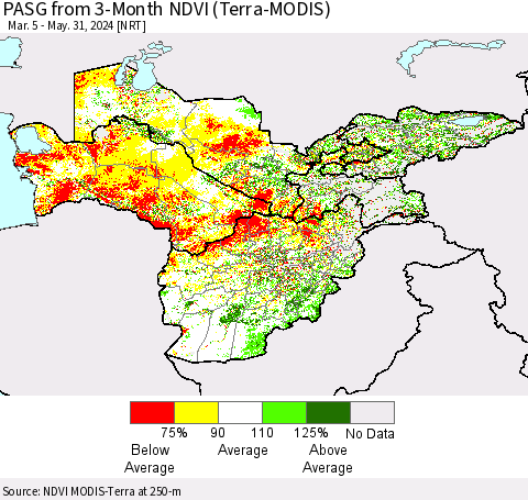 Central Asia PASG from 3-Month NDVI (Terra-MODIS) Thematic Map For 5/24/2024 - 5/31/2024
