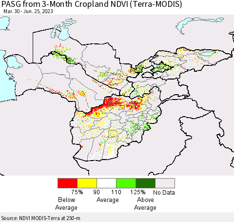 Central Asia PASG from 3-Month Cropland NDVI (Terra-MODIS) Thematic Map For 6/18/2023 - 6/25/2023
