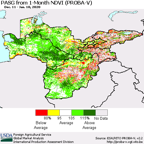 Central Asia PASG from 1-Month NDVI (PROBA-V) Thematic Map For 1/1/2020 - 1/10/2020