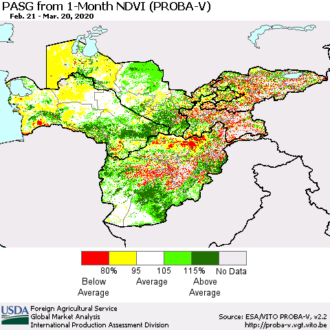 Central Asia PASG from 1-Month NDVI (PROBA-V) Thematic Map For 3/11/2020 - 3/20/2020