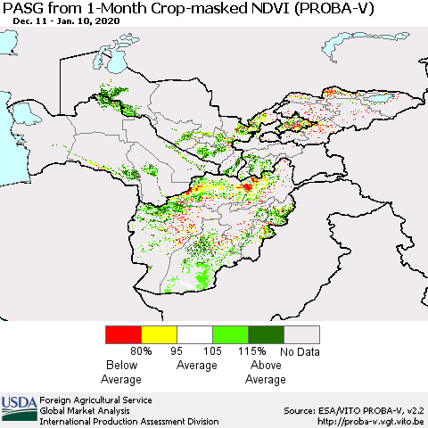 Central Asia PASG from 1-Month Crop-masked NDVI (PROBA-V) Thematic Map For 1/1/2020 - 1/10/2020