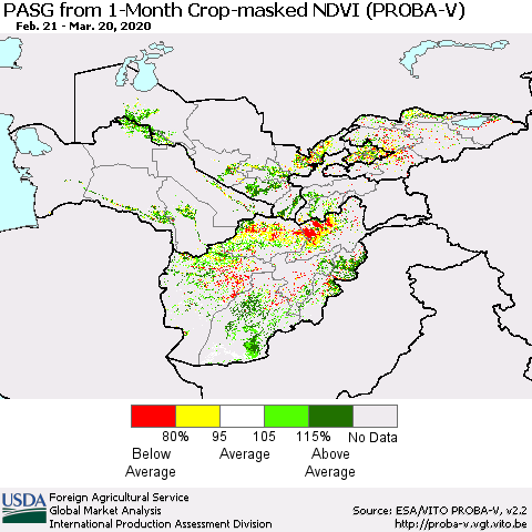 Central Asia PASG from 1-Month Crop-masked NDVI (PROBA-V) Thematic Map For 3/11/2020 - 3/20/2020