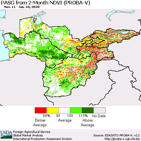 Central Asia PASG from 2-Month NDVI (PROBA-V) Thematic Map For 1/1/2020 - 1/10/2020