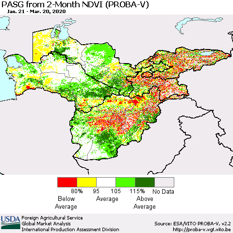 Central Asia PASG from 2-Month NDVI (PROBA-V) Thematic Map For 3/11/2020 - 3/20/2020