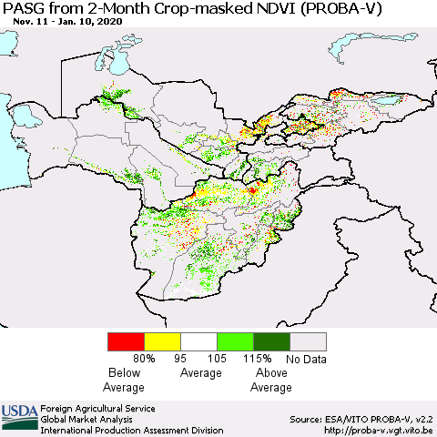Central Asia PASG from 2-Month Crop-masked NDVI (PROBA-V) Thematic Map For 1/1/2020 - 1/10/2020