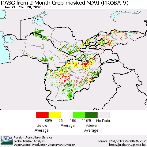 Central Asia PASG from 2-Month Crop-masked NDVI (PROBA-V) Thematic Map For 3/11/2020 - 3/20/2020
