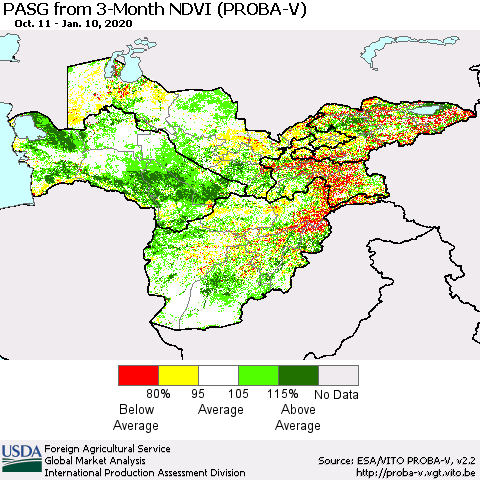 Central Asia PASG from 3-Month NDVI (PROBA-V) Thematic Map For 1/1/2020 - 1/10/2020