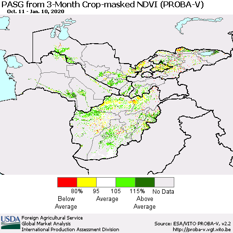 Central Asia PASG from 3-Month Crop-masked NDVI (PROBA-V) Thematic Map For 1/1/2020 - 1/10/2020