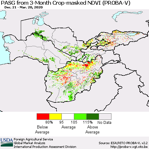 Central Asia PASG from 3-Month Crop-masked NDVI (PROBA-V) Thematic Map For 3/11/2020 - 3/20/2020