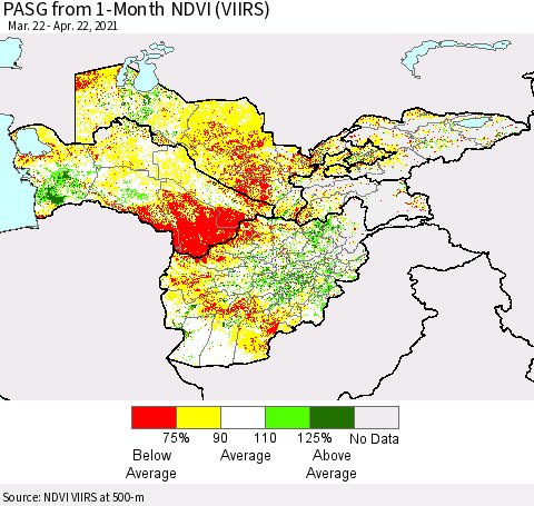 Central Asia PASG from 1-Month NDVI (VIIRS) Thematic Map For 4/15/2021 - 4/22/2021