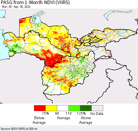 Central Asia PASG from 1-Month NDVI (VIIRS) Thematic Map For 4/23/2021 - 4/30/2021
