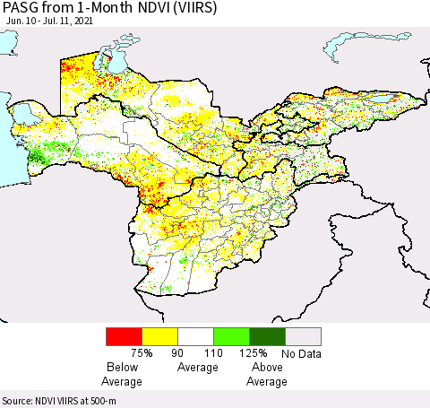 Central Asia PASG from 1-Month NDVI (VIIRS) Thematic Map For 7/4/2021 - 7/11/2021
