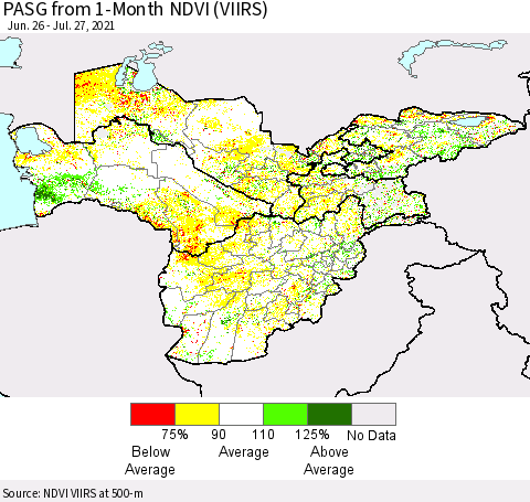 Central Asia PASG from 1-Month NDVI (VIIRS) Thematic Map For 7/20/2021 - 7/27/2021