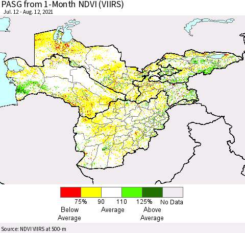 Central Asia PASG from 1-Month NDVI (VIIRS) Thematic Map For 8/5/2021 - 8/12/2021
