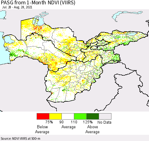 Central Asia PASG from 1-Month NDVI (VIIRS) Thematic Map For 8/21/2021 - 8/28/2021