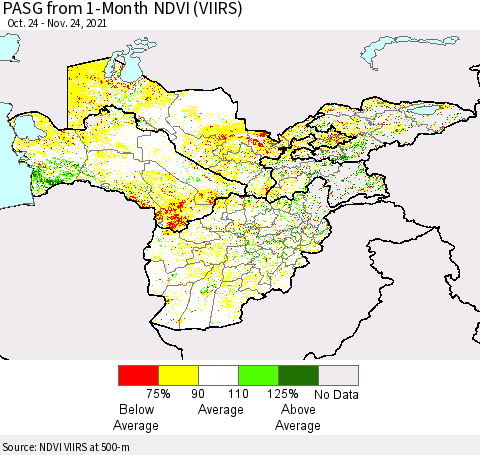 Central Asia PASG from 1-Month NDVI (VIIRS) Thematic Map For 11/17/2021 - 11/24/2021