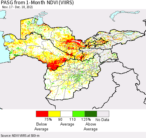 Central Asia PASG from 1-Month NDVI (VIIRS) Thematic Map For 12/11/2021 - 12/18/2021