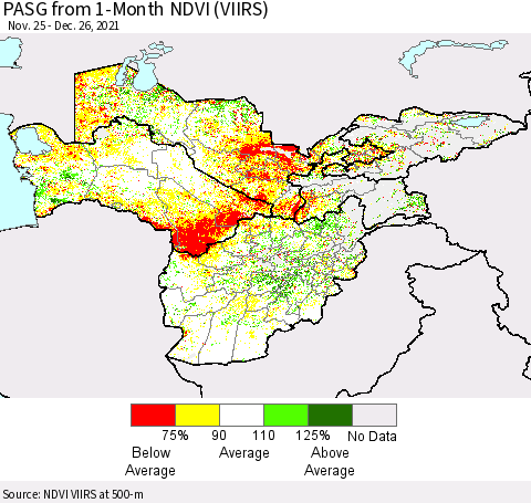 Central Asia PASG from 1-Month NDVI (VIIRS) Thematic Map For 12/19/2021 - 12/26/2021
