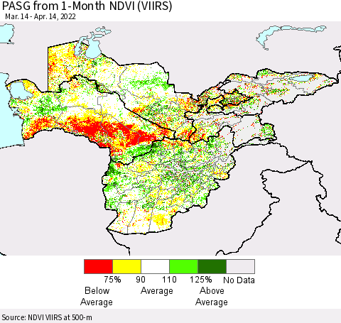 Central Asia PASG from 1-Month NDVI (VIIRS) Thematic Map For 4/7/2022 - 4/14/2022
