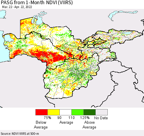 Central Asia PASG from 1-Month NDVI (VIIRS) Thematic Map For 4/15/2022 - 4/22/2022