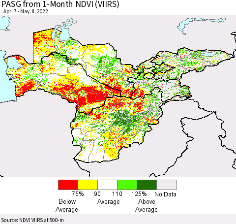 Central Asia PASG from 1-Month NDVI (VIIRS) Thematic Map For 5/1/2022 - 5/8/2022