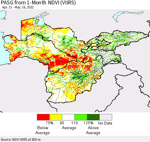 Central Asia PASG from 1-Month NDVI (VIIRS) Thematic Map For 5/9/2022 - 5/16/2022